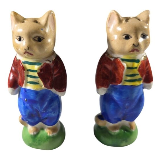 Vtg Hand-Painted Ceramic Cat Salt & Pepper Shakers Made In Japan Anthropomorphic - Picture 1 of 5